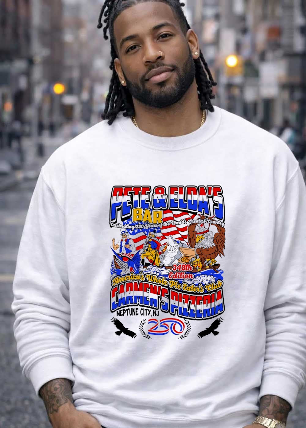 Neptune City NJ Pete & Eldas Bar Carmen’s Pizzeria America’s Whole Pie Eater’s Club Celebrating 250 Years of the World’s Greatest Country 348th Edition T-Shirt