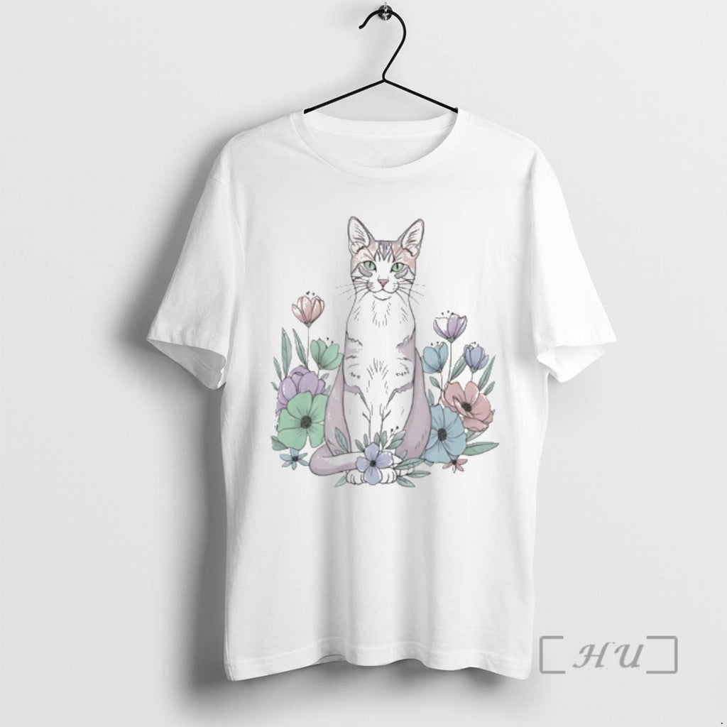 New Cute Sitting Cat Floral Garden Watercolor T-Shirts, Hoodie, Sweatshirt