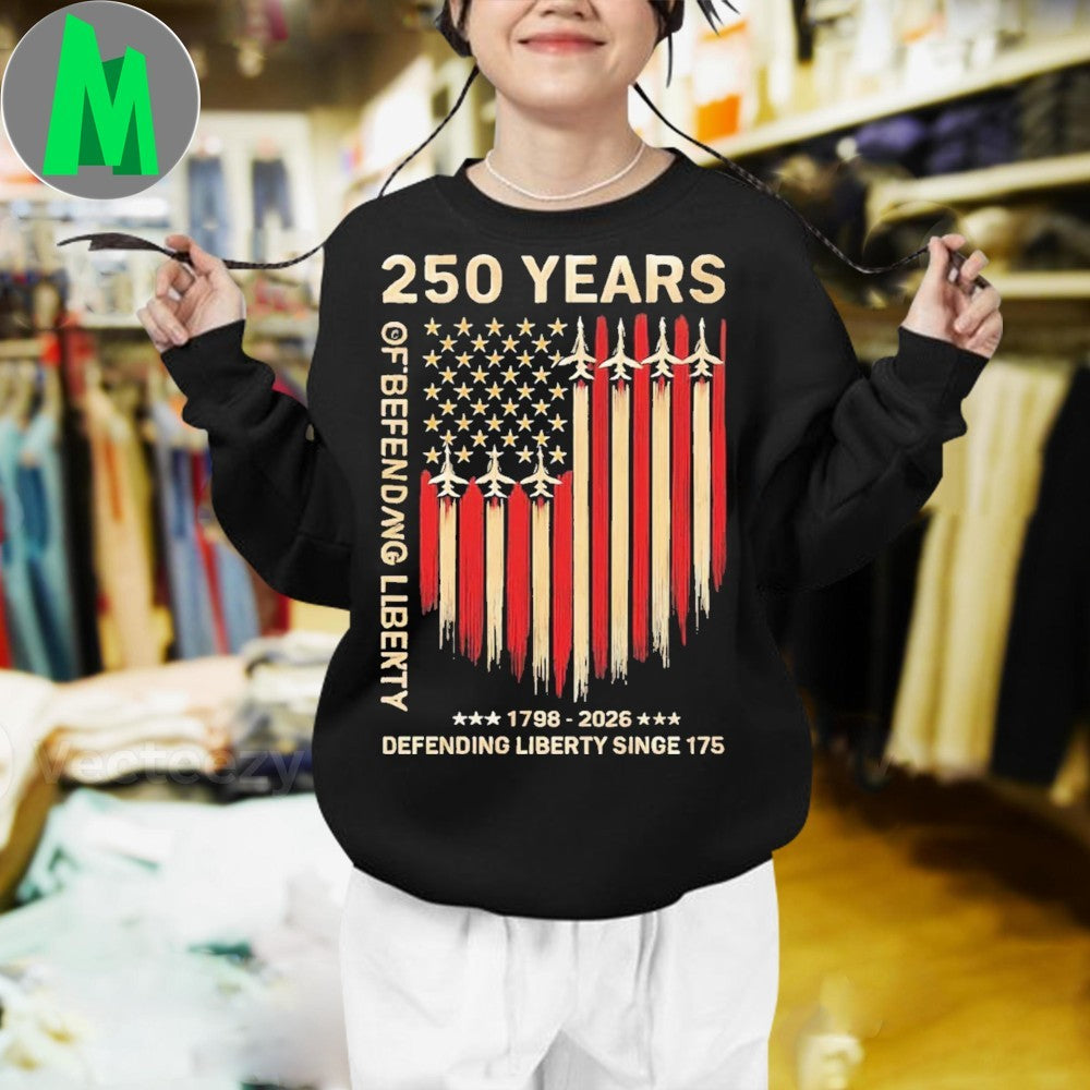 250 Years of Defending Liberty 1776-2026 American Flag Jet Graphic T-Shirt