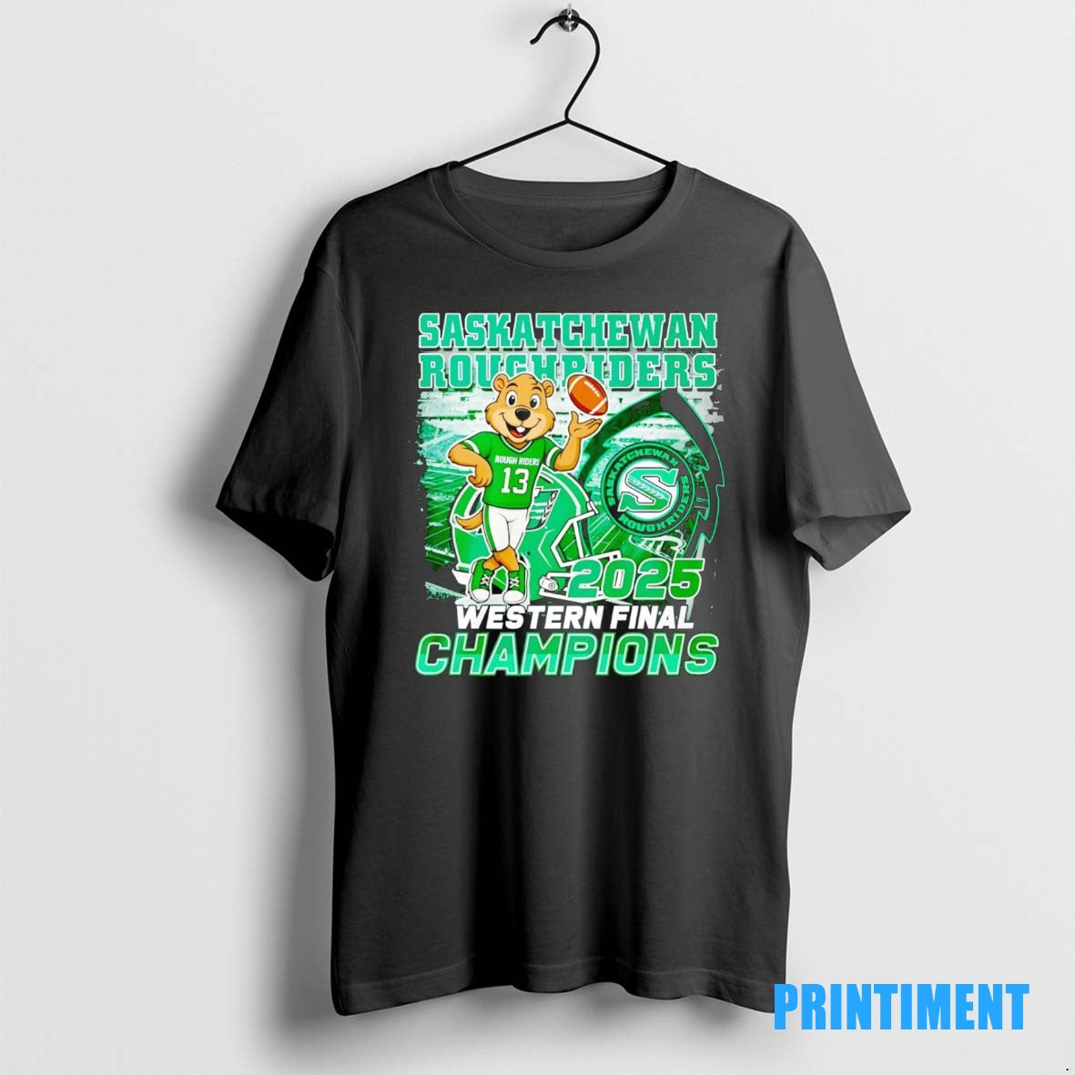 Official Saskatchewan Roughriders 2025 Western Final Champions Mascot Tee Sweater Tee (1)