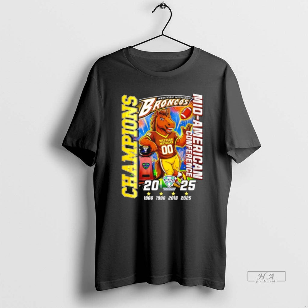 Official Western Michigan Broncos 2025 Mid American Conference Champions 4 Time Mascot T-Shirts, Hoodie, Sweatshirt