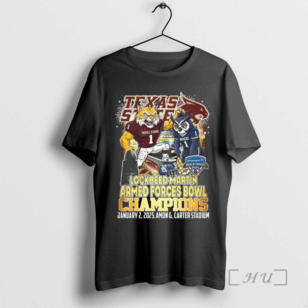Officials Texas State Bobcats Ncaa Lockheed Martin Armed Forces Bowl Champions 2026 Mascot T-Shirts, Hoodie, Sweatshirt
