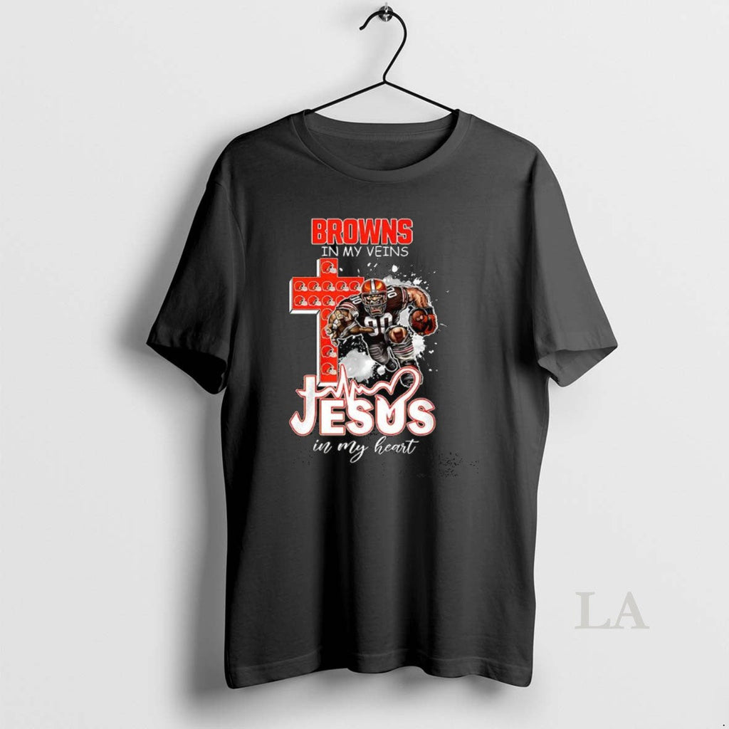 Original Cleveland Browns My Veins Jesus My Heart Mascot T-Shirts, Hoodie, Sweatshirt