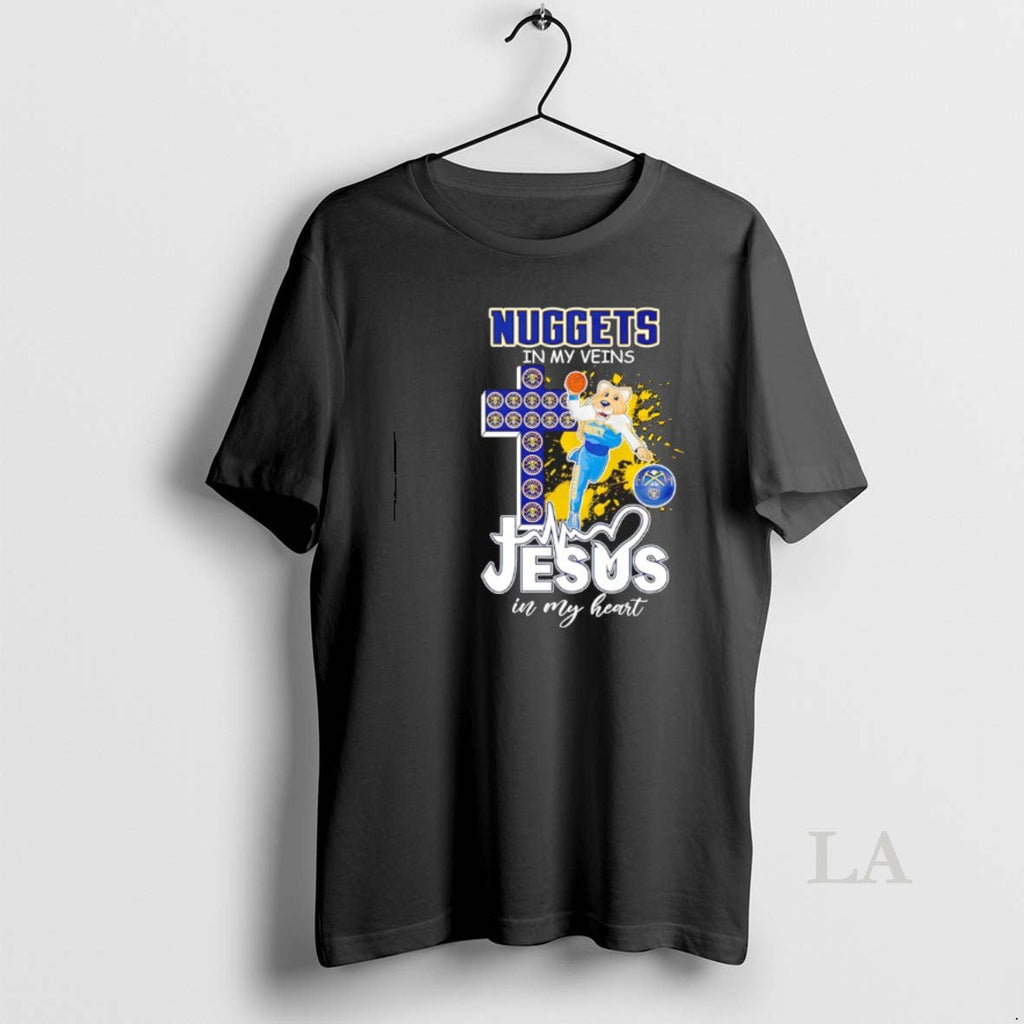 Original Denver Nuggets My Veins Jesus My Heart Mascot T-Shirts, Hoodie, Sweatshirt