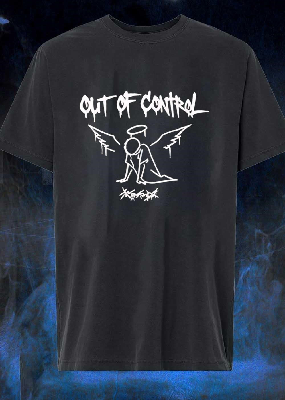 Out of Control Angel Huddled Cowering Scribble Logo Black T-Shirt