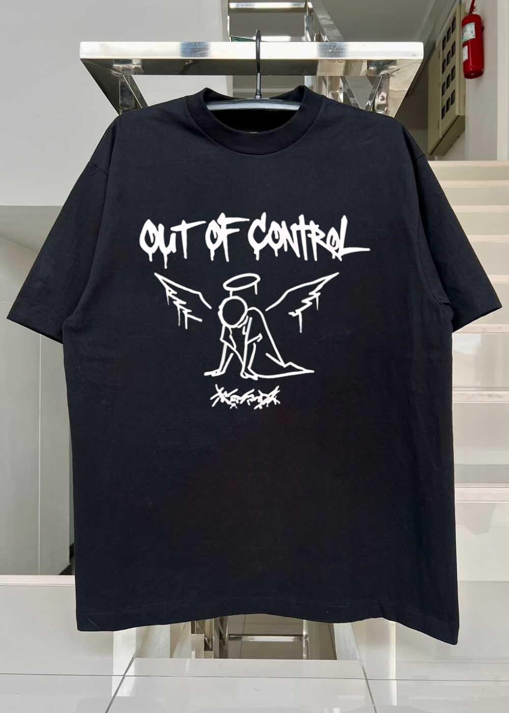 Out of Control Angel Huddled Cowering Scribble Logo Black T-Shirt