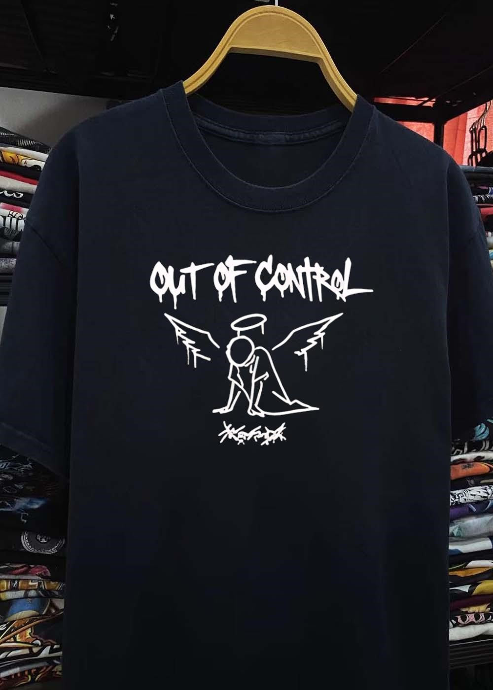 Out of Control Angel Huddled Cowering Scribble Logo Black T-Shirt