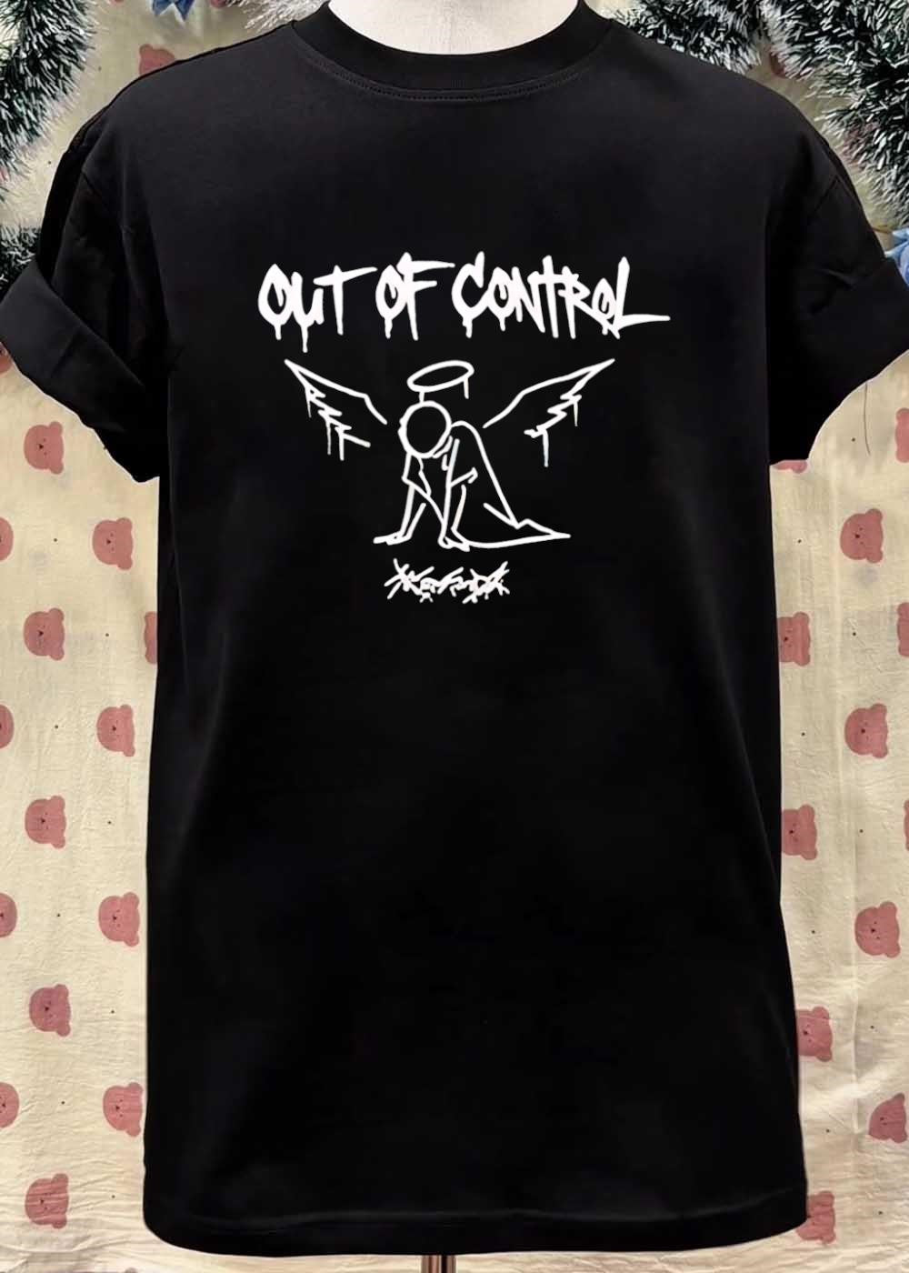 Out of Control Angel Huddled Cowering Scribble Logo Black T-Shirt