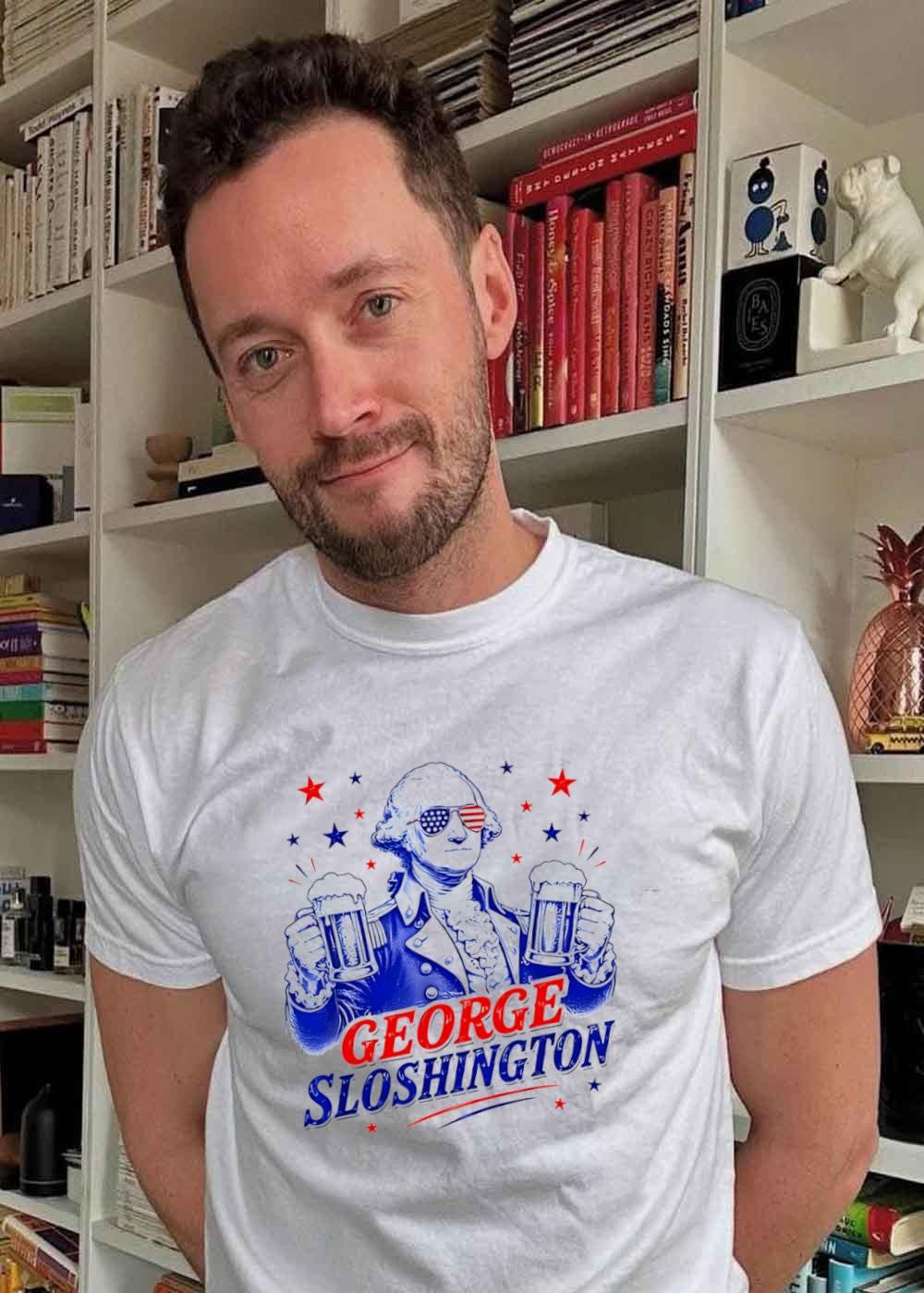 Party Patriot George Sloshington Drinking Beer T-Shirt