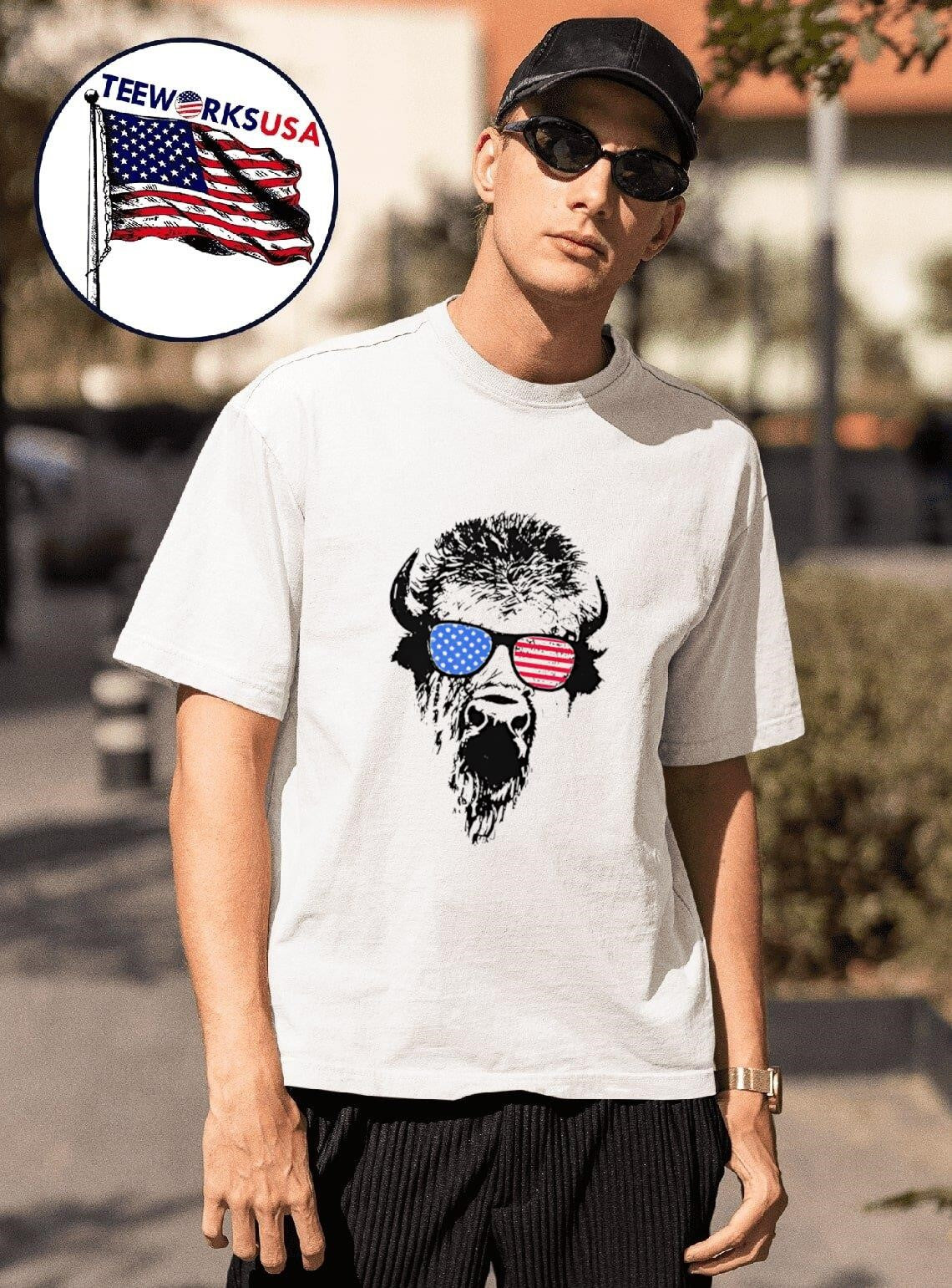 Patriotic Buffalo USA Flag American Red White Blue Sunglasses Shirt