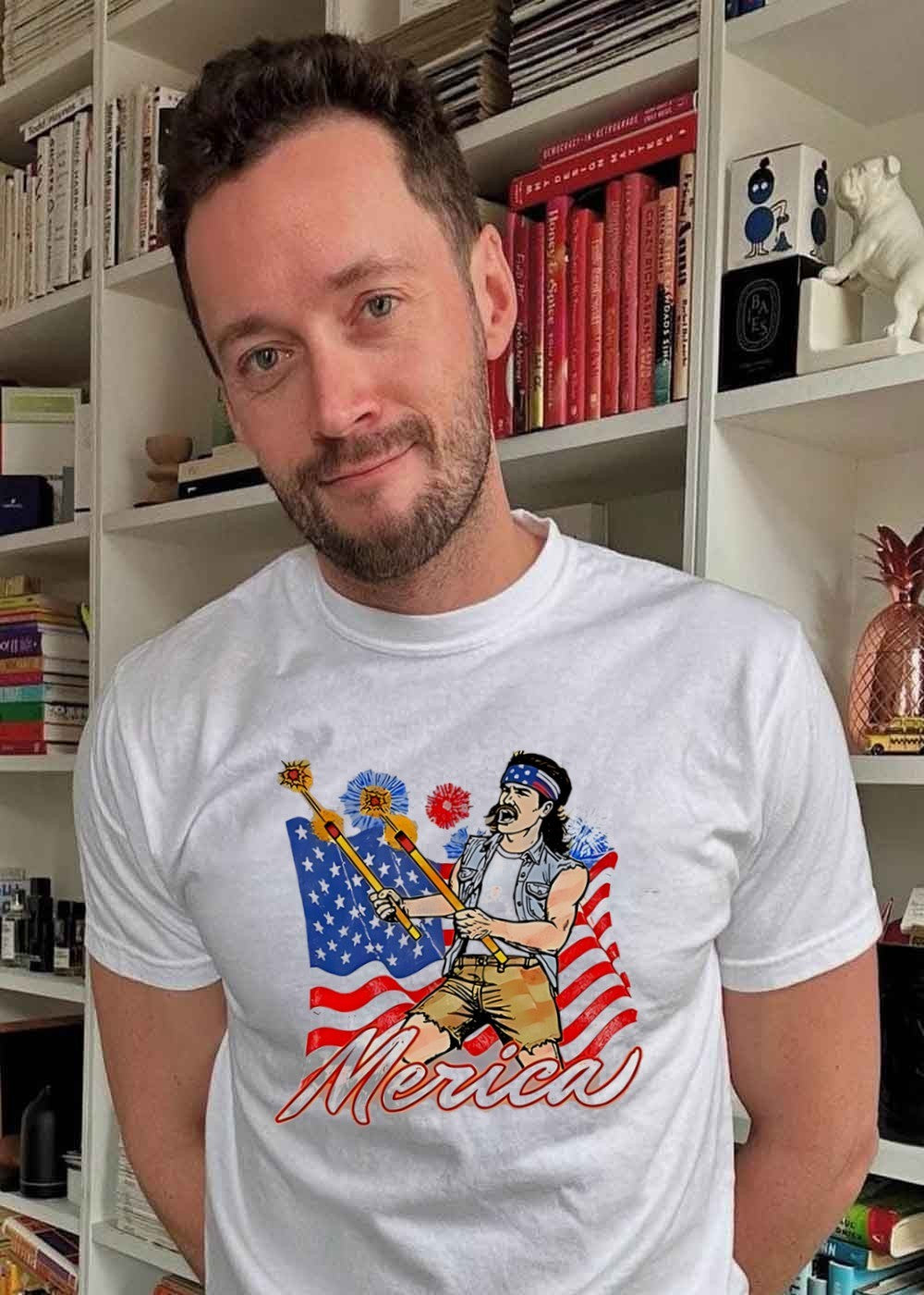 Patriotic Style Man Holding Fireworks Merica T-Shirt