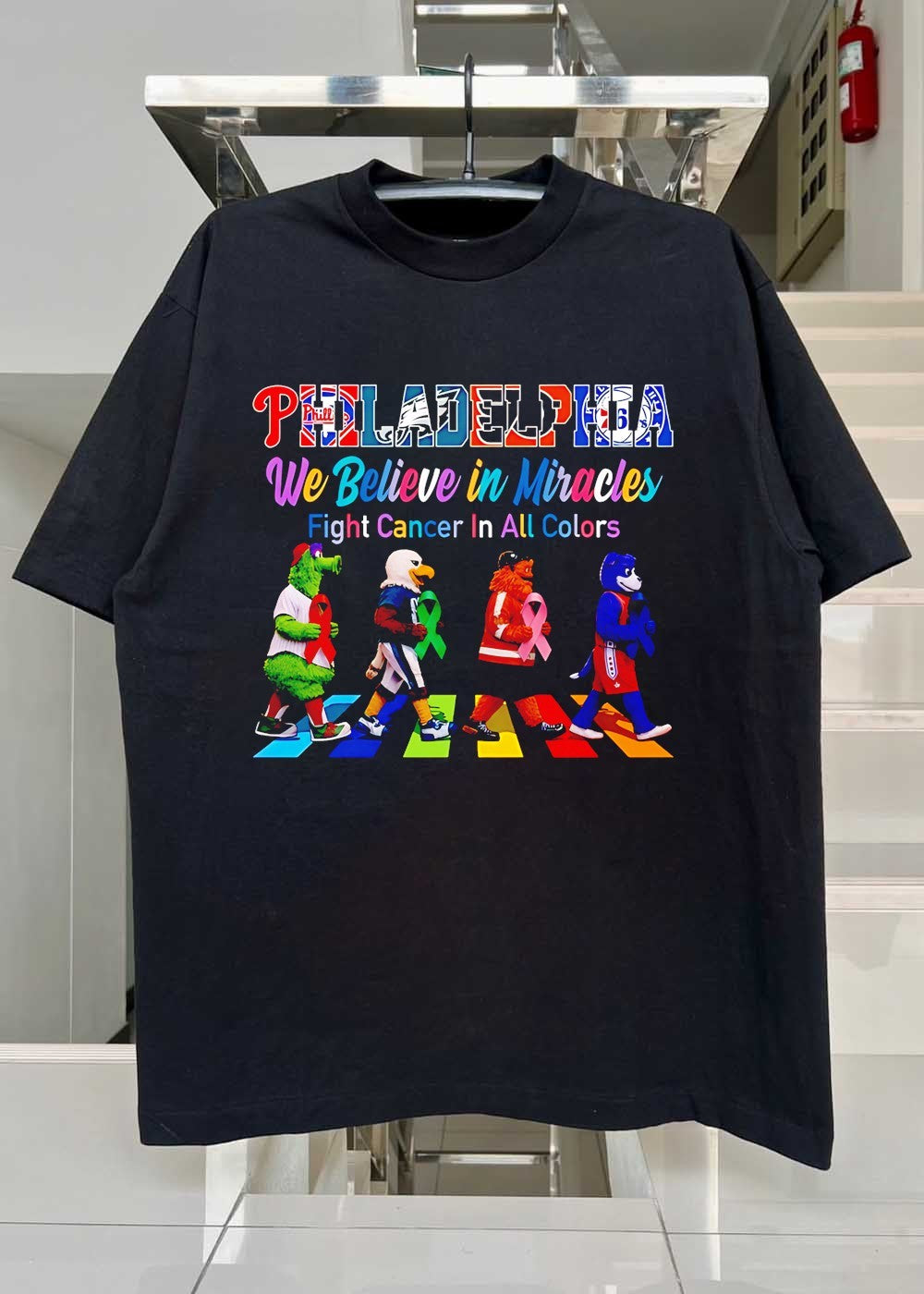 Philadelphia Mascots Fight Cancer in All Colors We Believe in Miracles T-Shirt