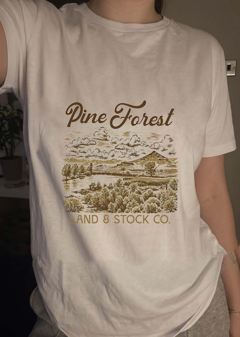 Pine Forest Land and Stock Co Mountain Lake Landscape T-Shirt