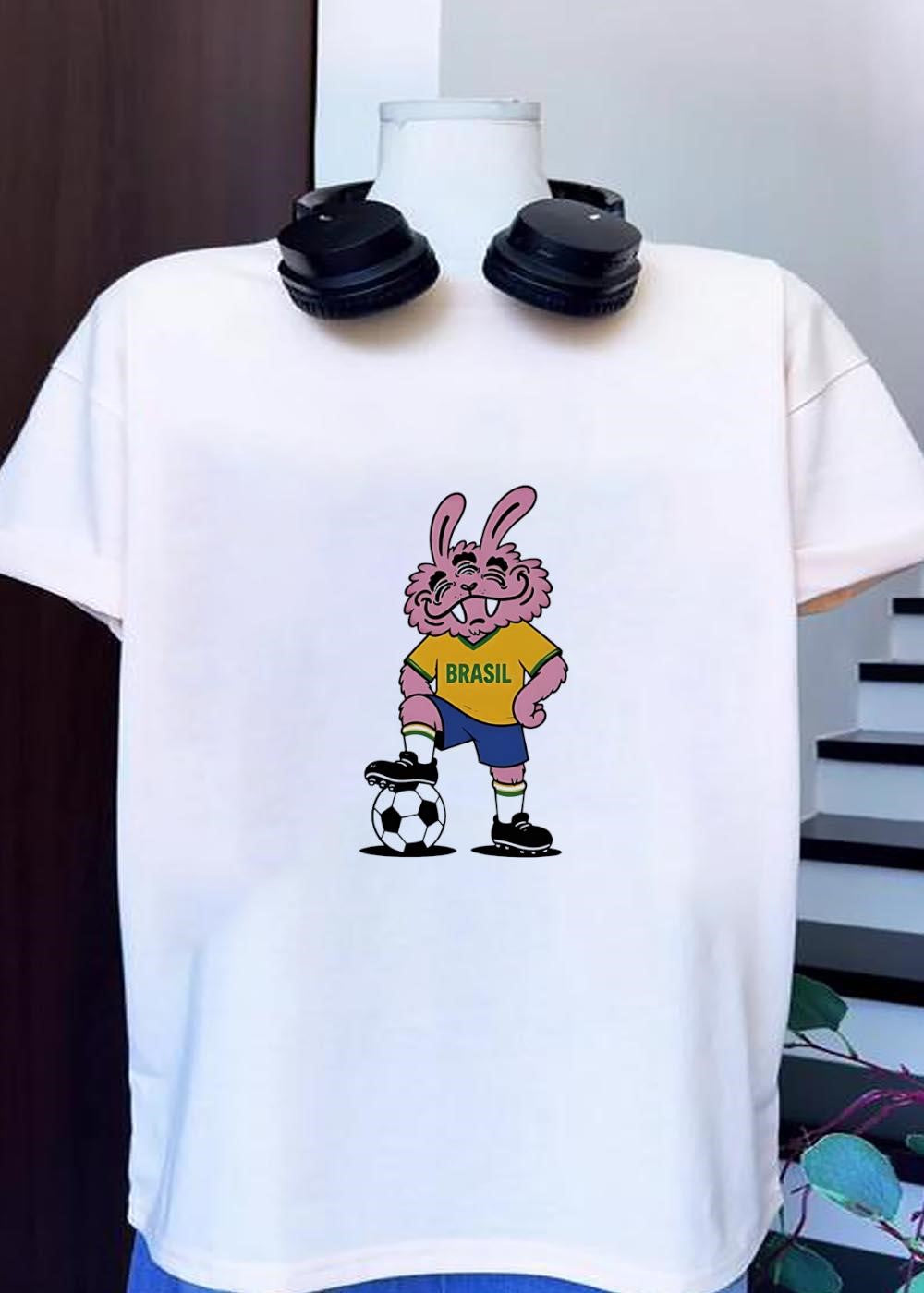 Pink Mutant Rabbit Standing on Soccer Ball Brasil T-Shirt
