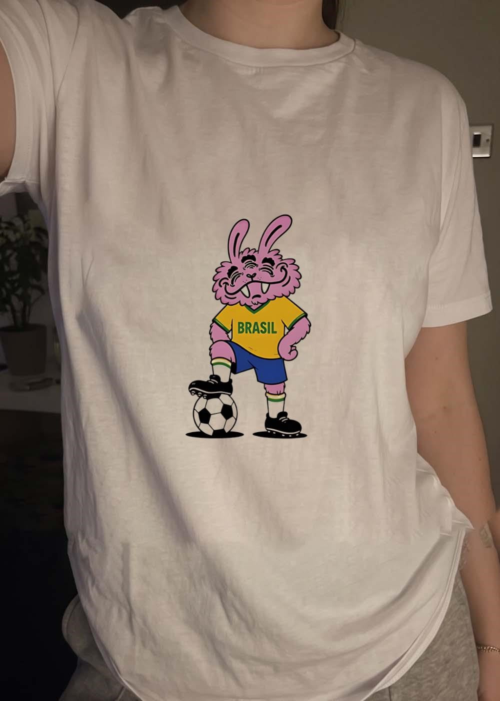 Pink Mutant Rabbit Standing on Soccer Ball Brasil T-Shirt