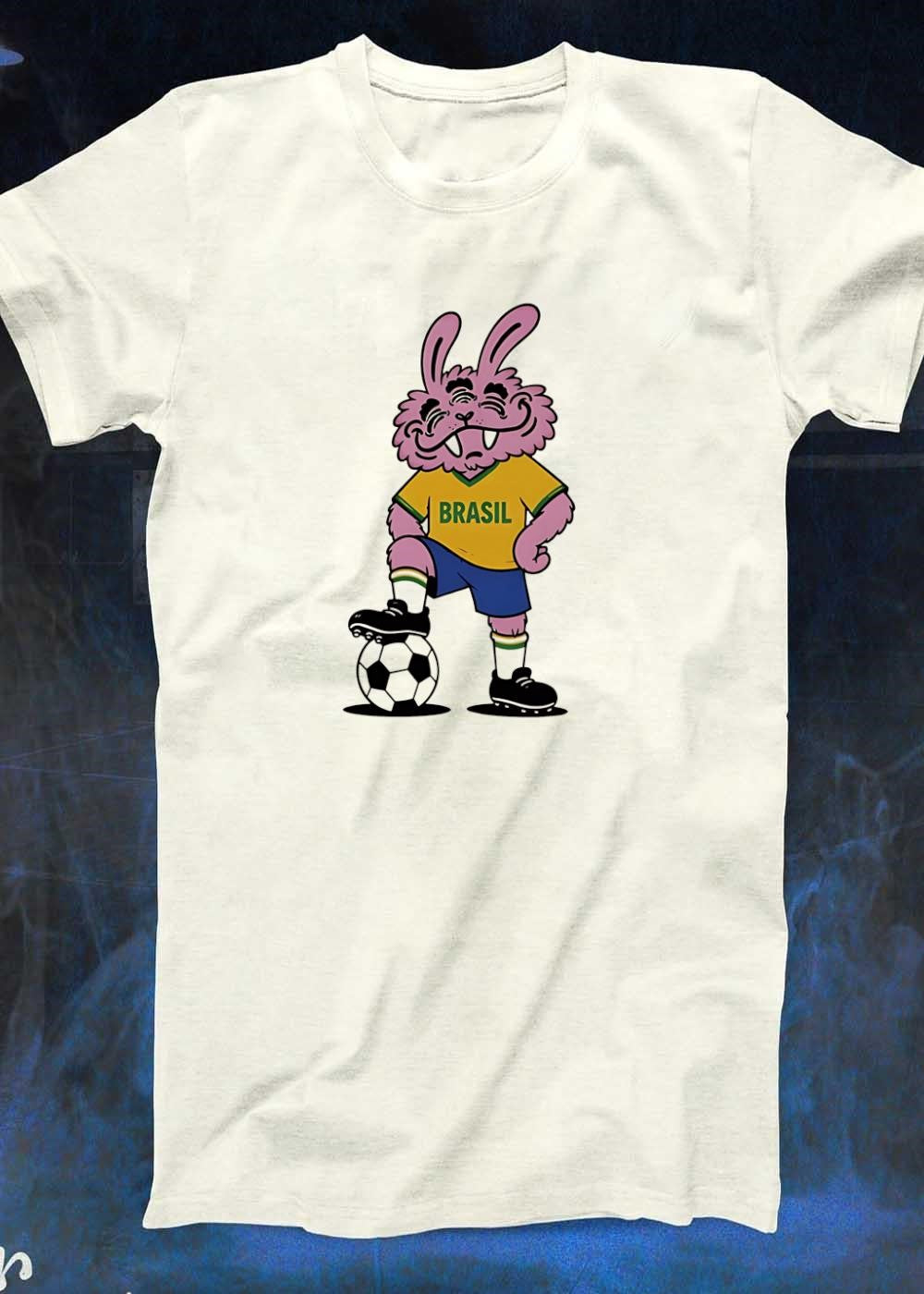 Pink Mutant Rabbit Standing on Soccer Ball Brasil T-Shirt