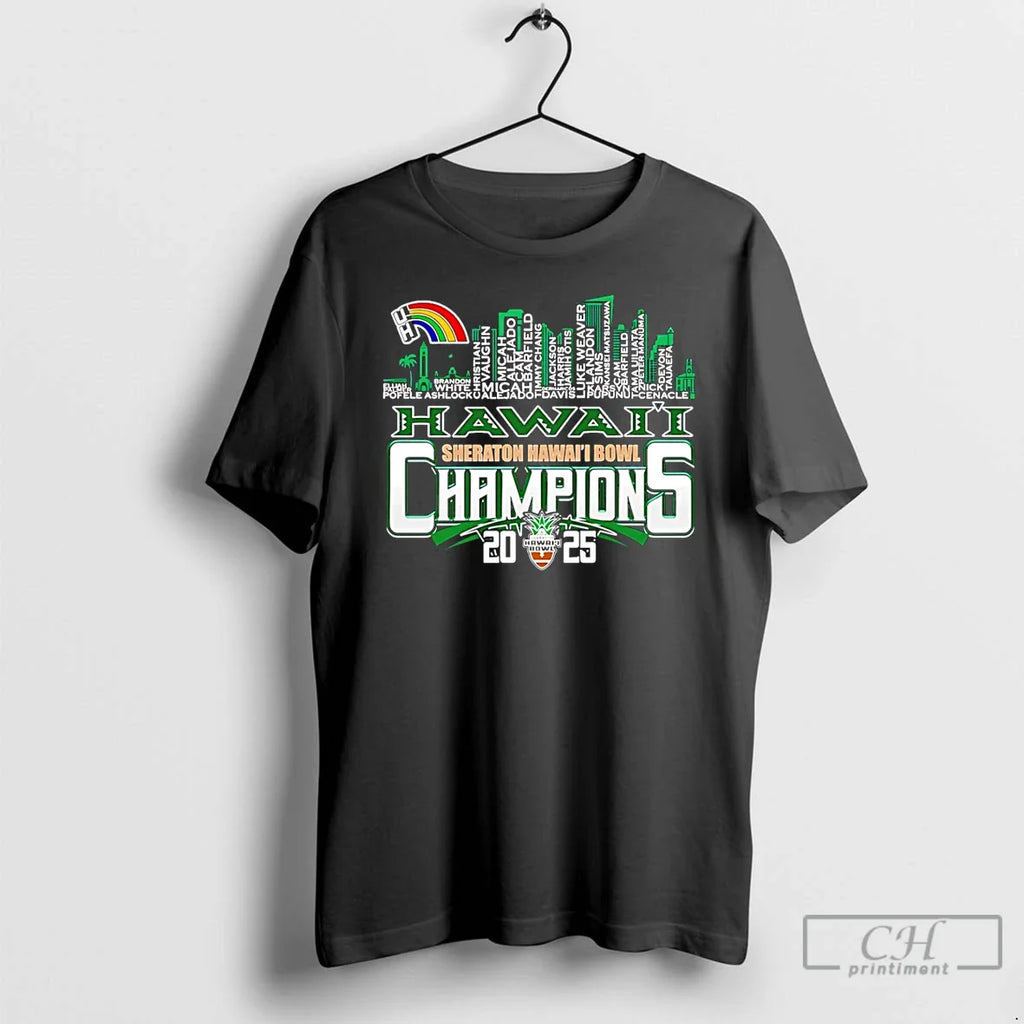 Hawaii Rainbow Warriors 2025 Hawaii Bowl Champions Player Names City Skyline T-Shirts, Hoodie, Sweatshirt