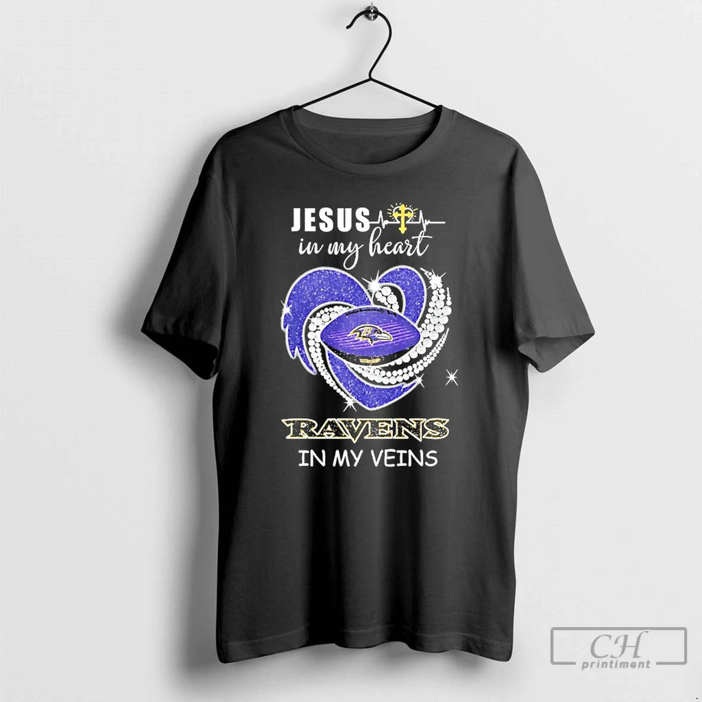 Jesus My Heart Baltimore Ravens My Veins Logo Team T-Shirts, Hoodie, Sweatshirt