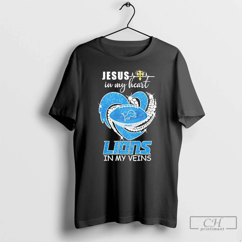 Jesus My Heart Detroit Lions My Veins Logo Team T-Shirts, Hoodie, Sweatshirt