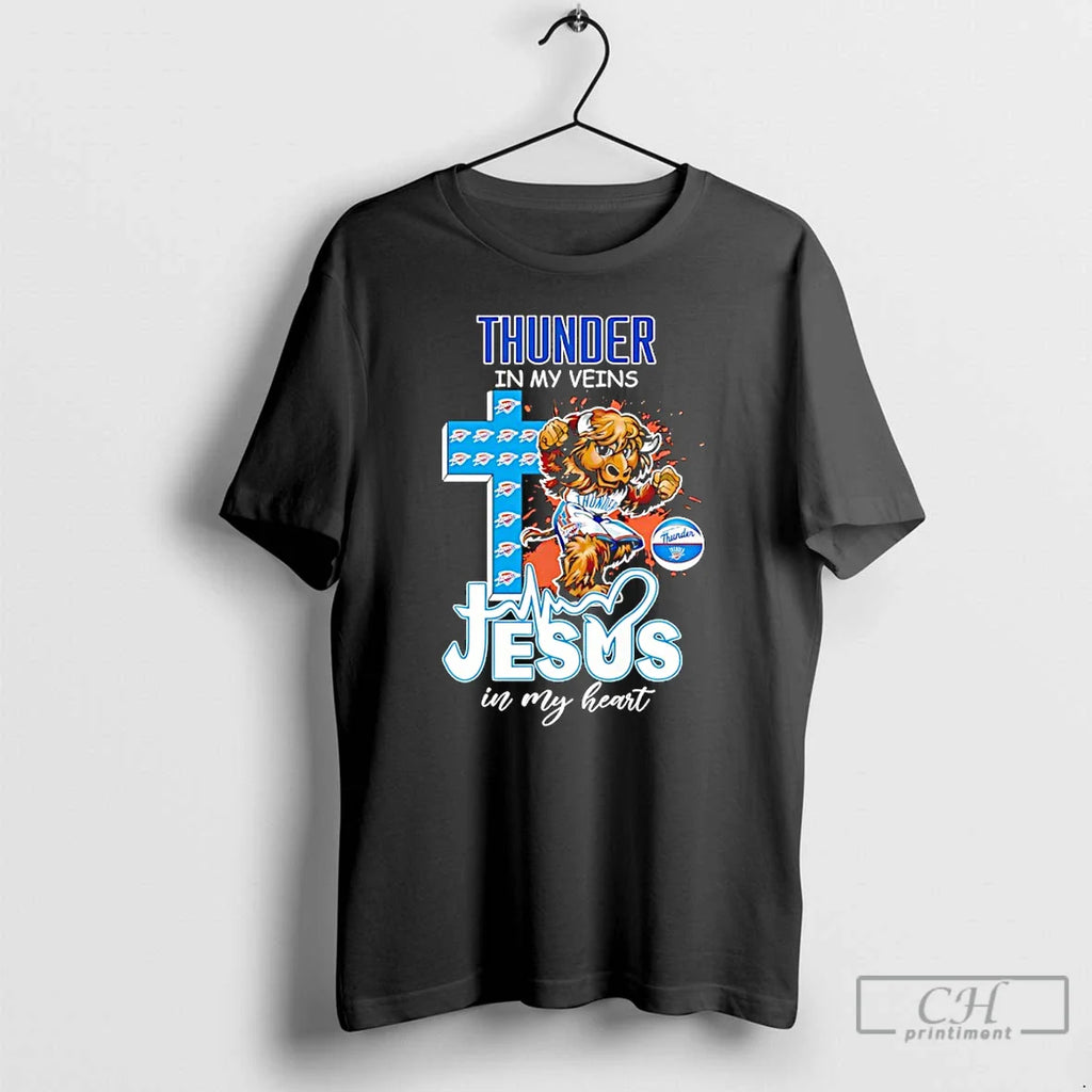 Oklahoma City Thunder My Veins Jesus My Heart Mascot T-Shirts, Hoodie, Sweatshirt