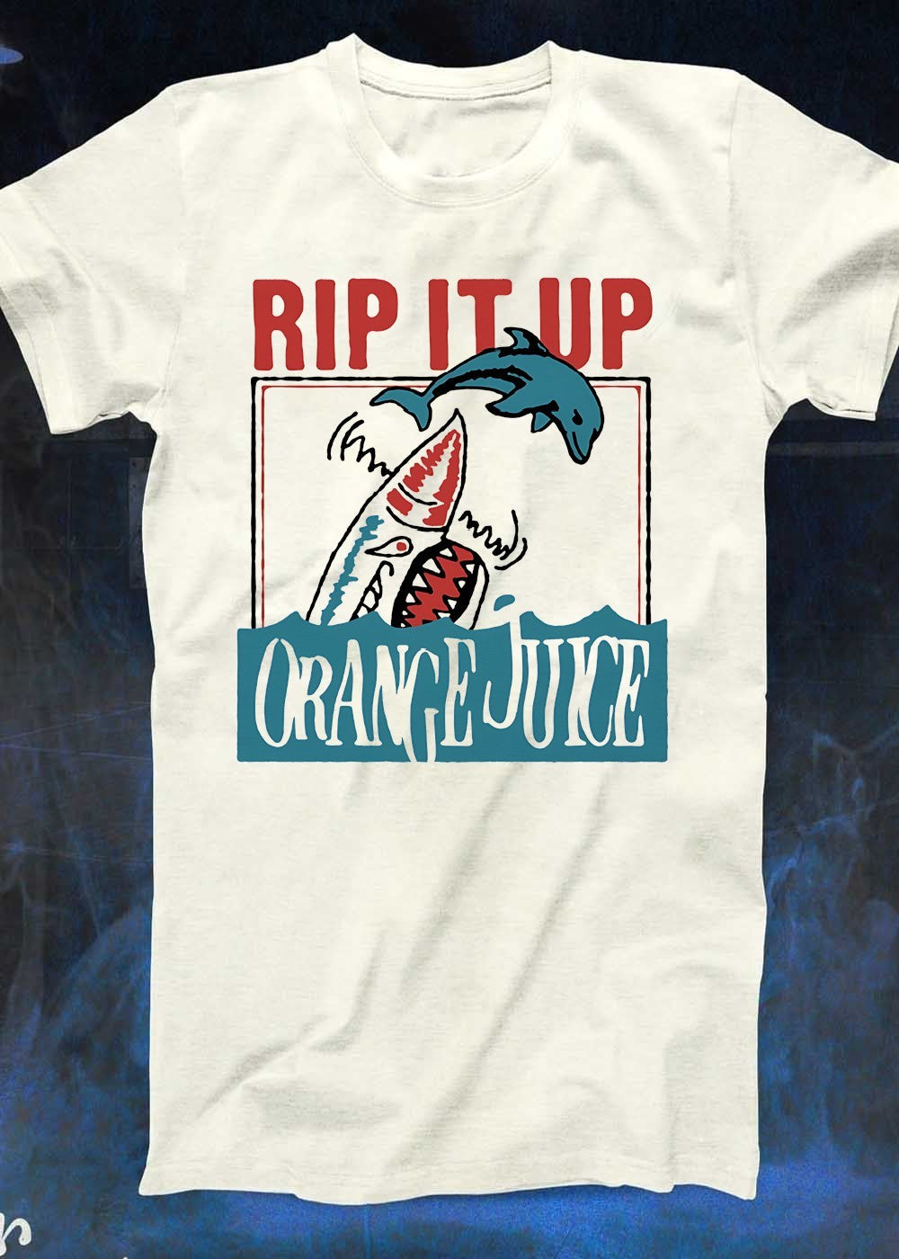 Rip It Up Orange Juice Dolphin Shark Retro Surf T-Shirt