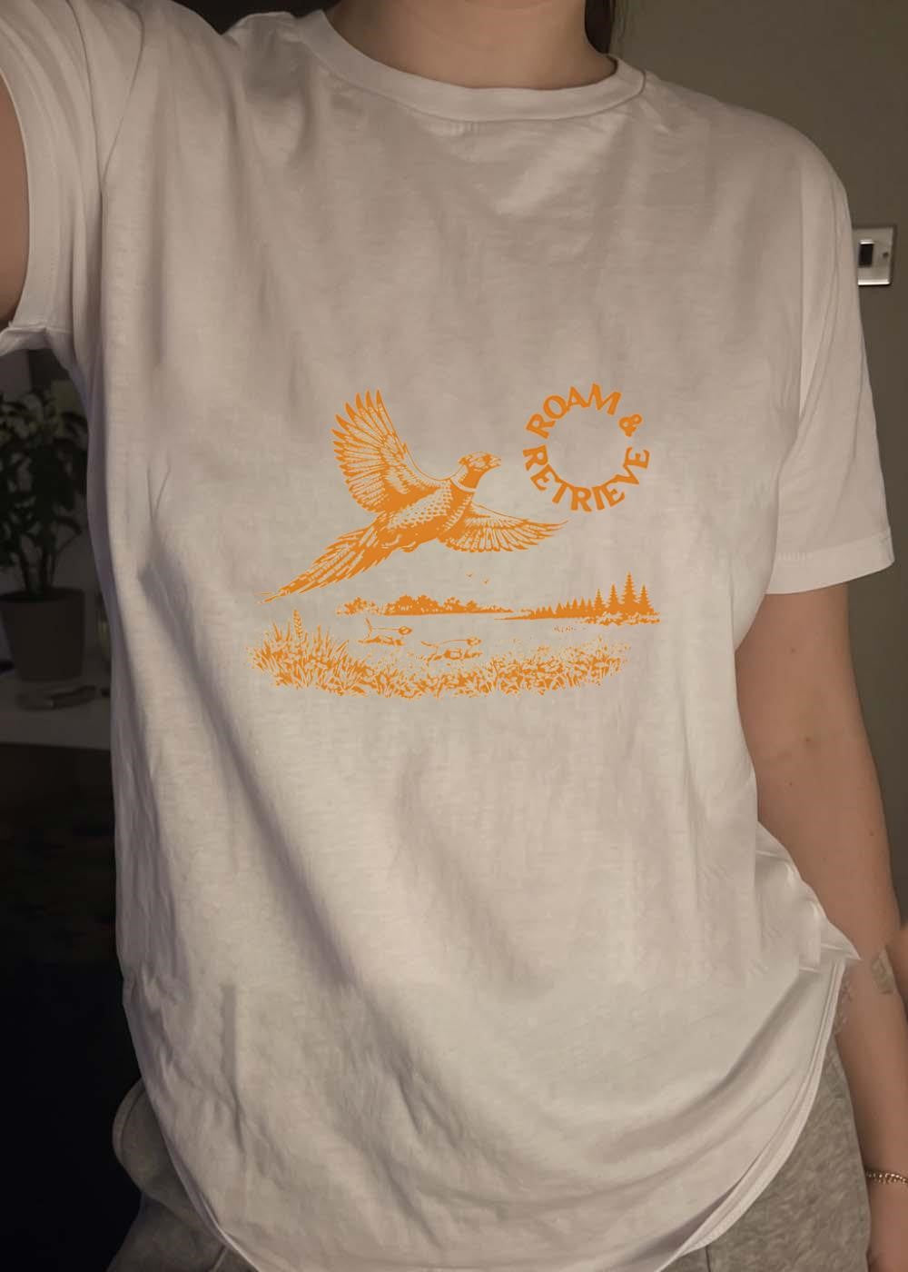 Roam & Retrieve Pheasant Flying Hunting Field Dog Outdoor Apparel T-Shirt