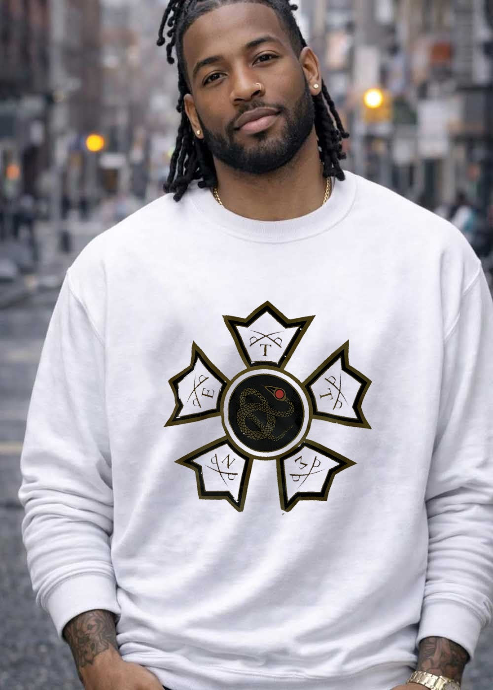 Serpent Emblem Sword T P E P N Z P Logo Graphic T-Shirt