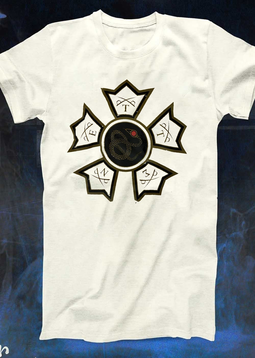 Serpent Emblem Sword T P E P N Z P Logo Graphic T-Shirt