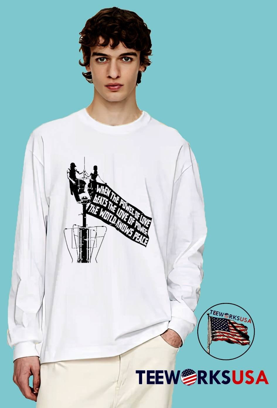 Shepard Fairey Protest Art People Standing on Antenna Raising Flag When the Power of Love Beats the Love of Power the World Knows Peace T-Shirt