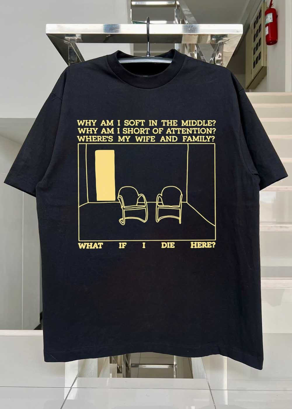 Talking Heads Lyric Art Empty Chairs Why Am I Soft in the Middle T-Shirt