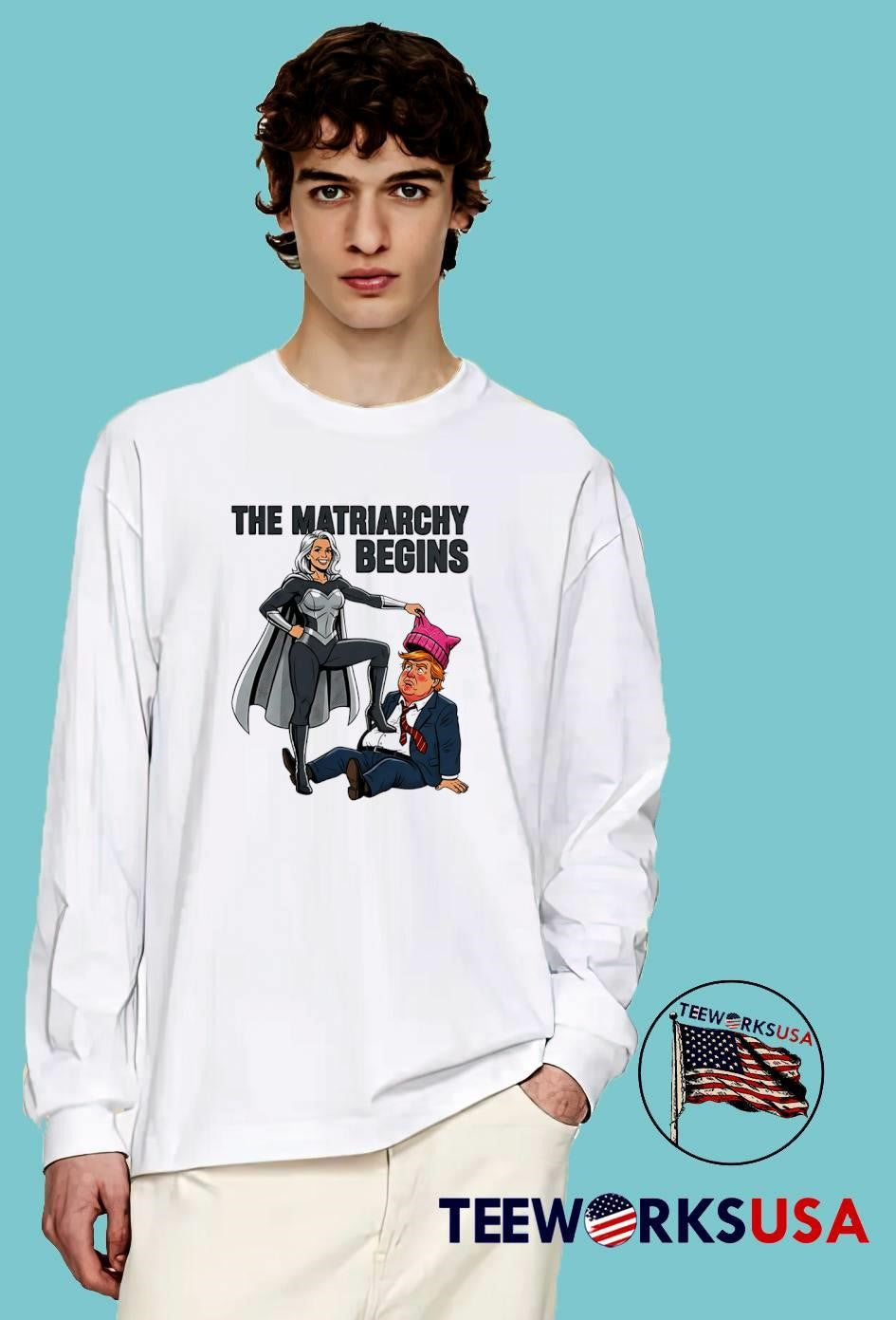 The Matriarchy Begins Superhero Woman Putting Pussy Hat on Trump shirt
