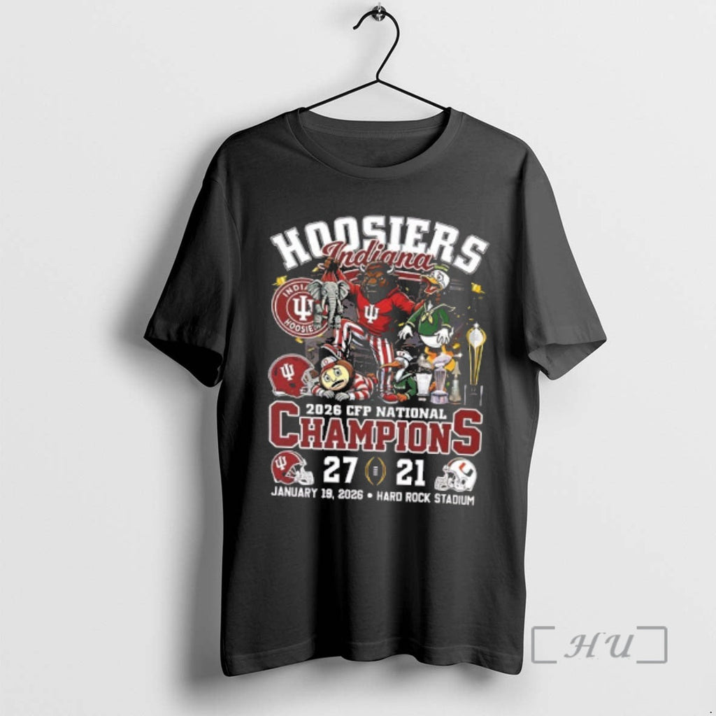 Trending Indiana 27 21 Miami Win 2026 College Football National Champions Mascot 2 Sided T-Shirts, Hoodie, Sweatshirt