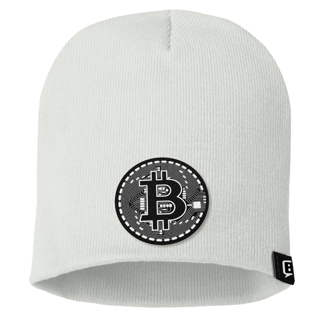 Bitcoin Black and White Leather Patch Beanies