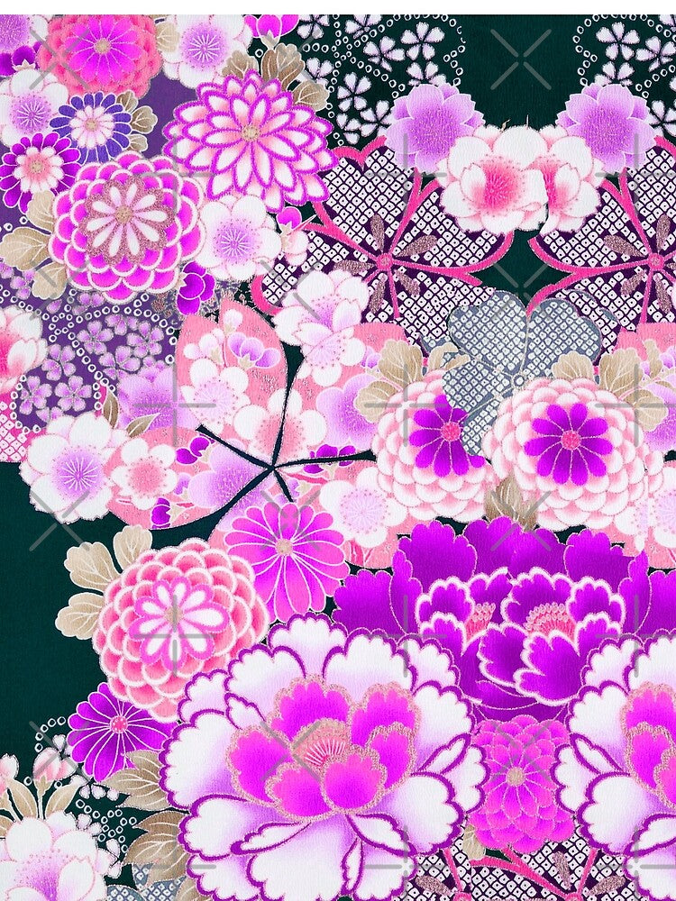 ANTIQUE JAPANESE FLOWERS Pink Purple White Wild Roses Kimono Style Floral by BulganLumini