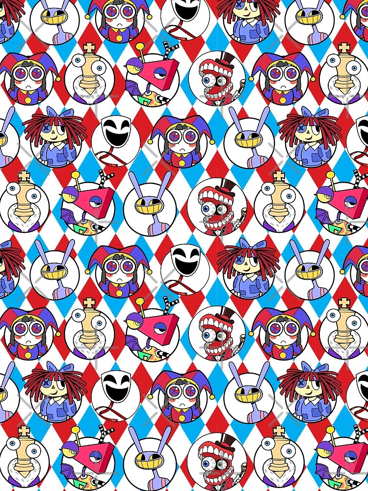 TADC The Amazing Digital Circus Seamless Pattern w/ Red Blue Background! Jax, Kinger, Gangle, Zooble, Ragatha, Pomni, Caine. by Playful Patternz