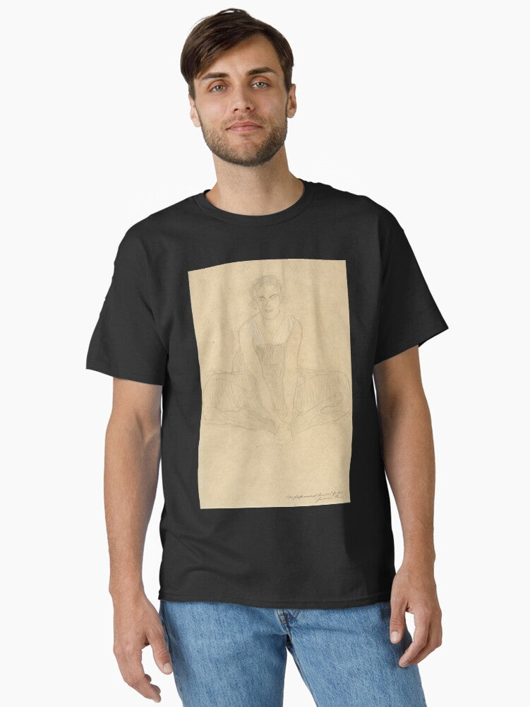 Seated Woman in a Pleated Dress by Gustav Klimt: Figurative Line Drawing Classic T-Shirt