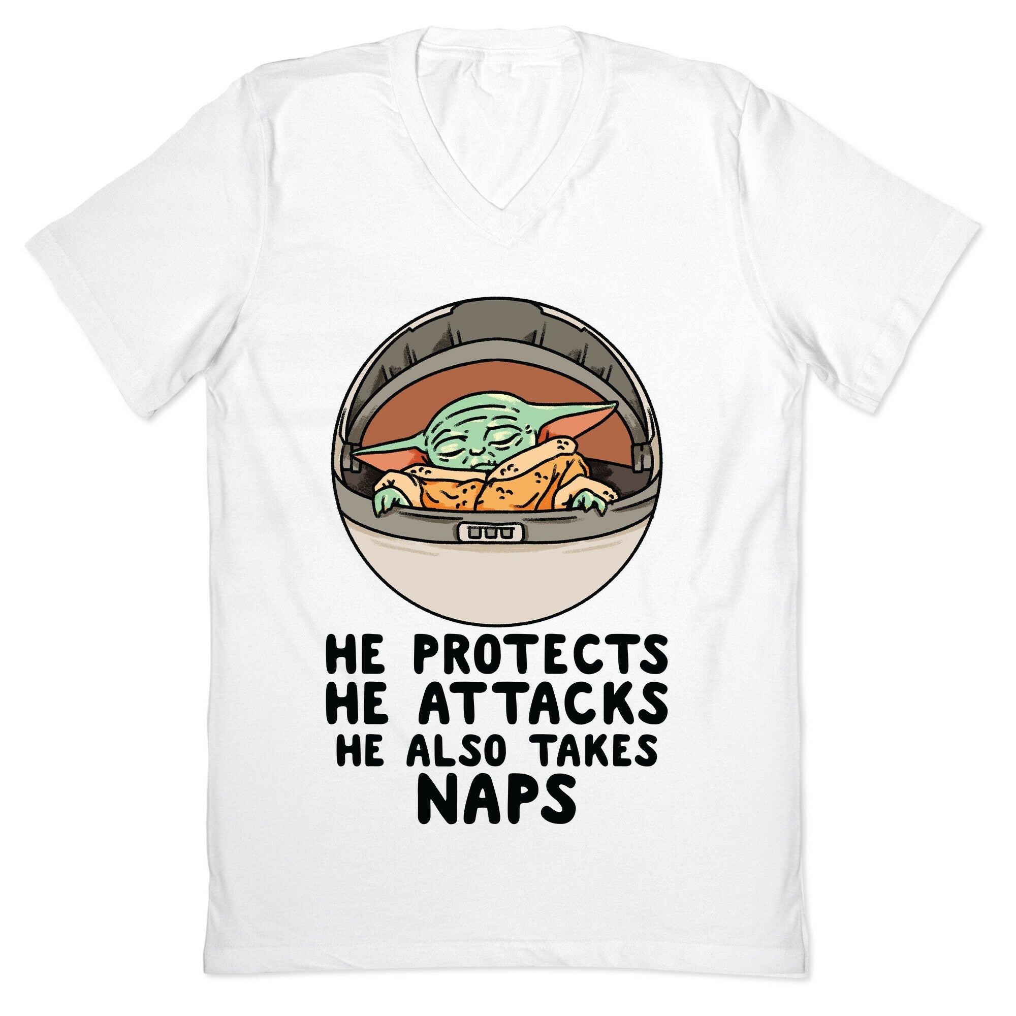 He Protects He Attacks He Also Takes Naps V-Neck