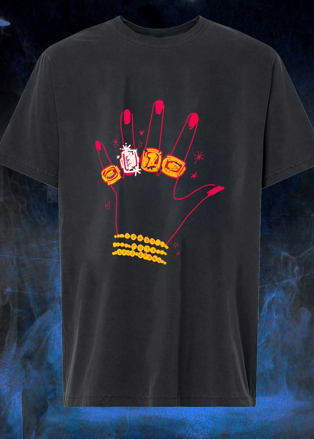 Hand Wearing Rings and Bracelets 13 + 87 TNT Love Story T-Shirt