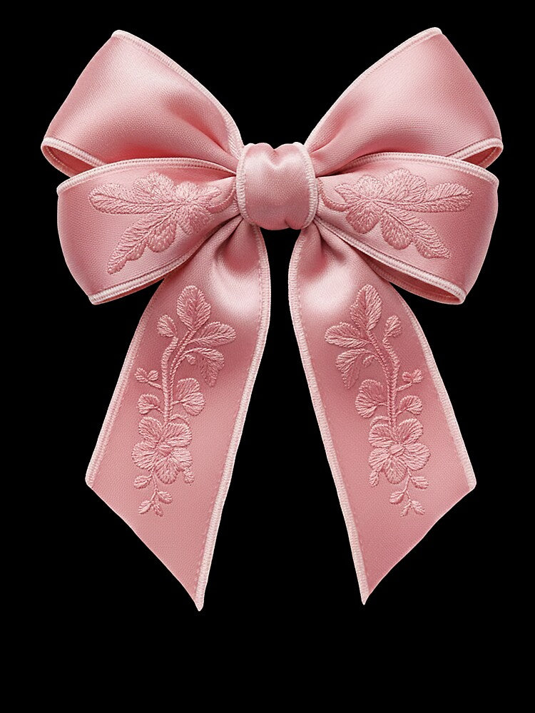 Vintage Pink Embroidered Satin Bow – Floral Coquette Aesthetic by BowbinaStudio
