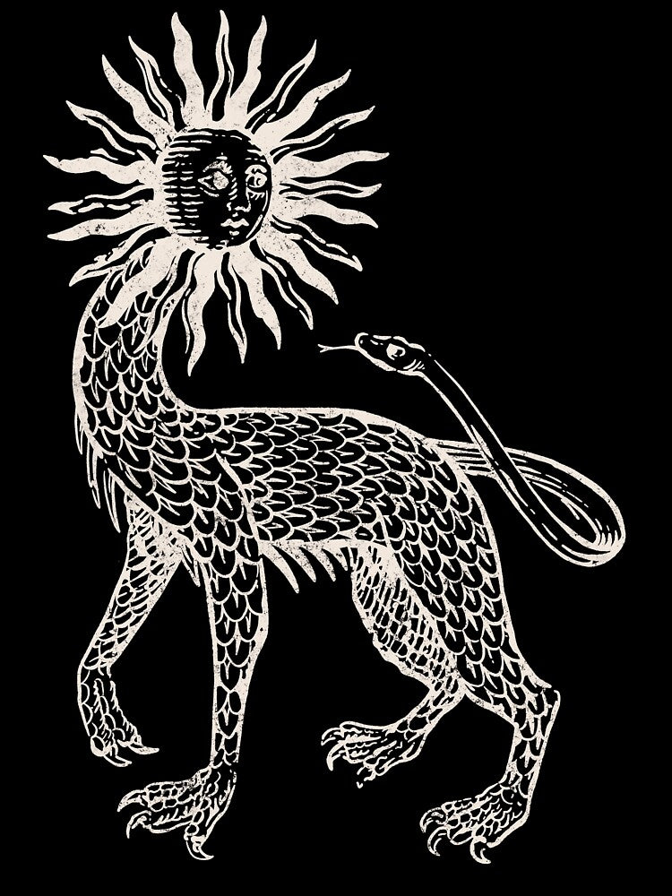 Medieval Beast Engraving - Esoteric Line Drawing - White Version by Arcane Orchid