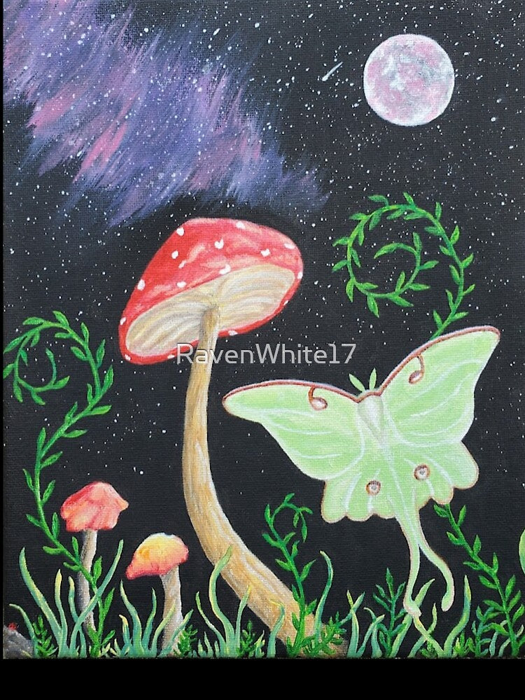 Mushrooms with a Luna moth & night sky by RavenWhite17