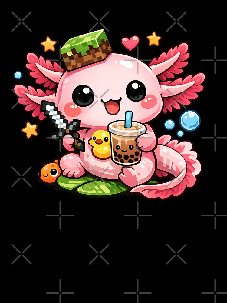 Cute Gamer Axolotl Drinking Bubble Tea Kawaii Fantasy Art by RetroPop23