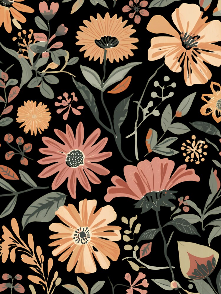 Dark Floral Pattern Orange Earthy Wildflower Print by FAGMAVisuals