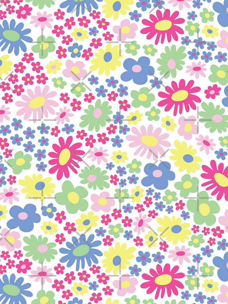 pastel 60s retro flower power, pastel pink, pastel blu, yellow, green, 60s groovy pattern, hippie flowers by blomastudios