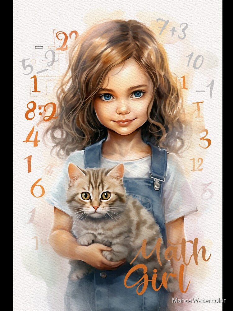 Math Girl with Cute Cat- Watercolor Painting by MahsaWatercolor