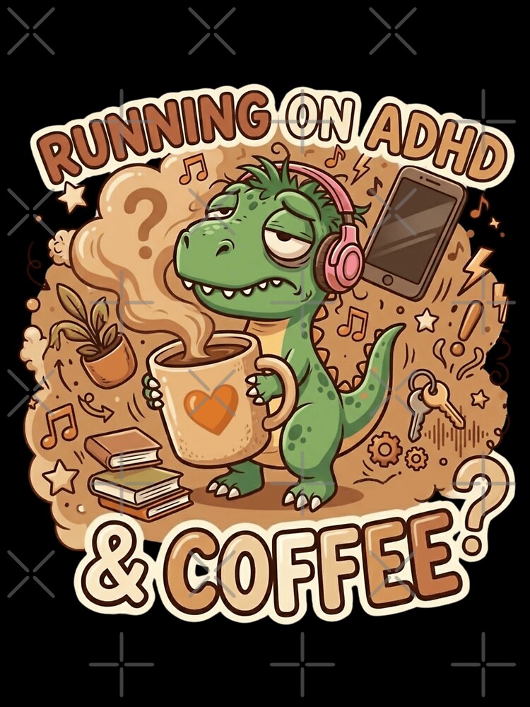 ADHD Rex - Running on ADHD & Coffee Sleepy Dinosaur Sticker by WowDezign