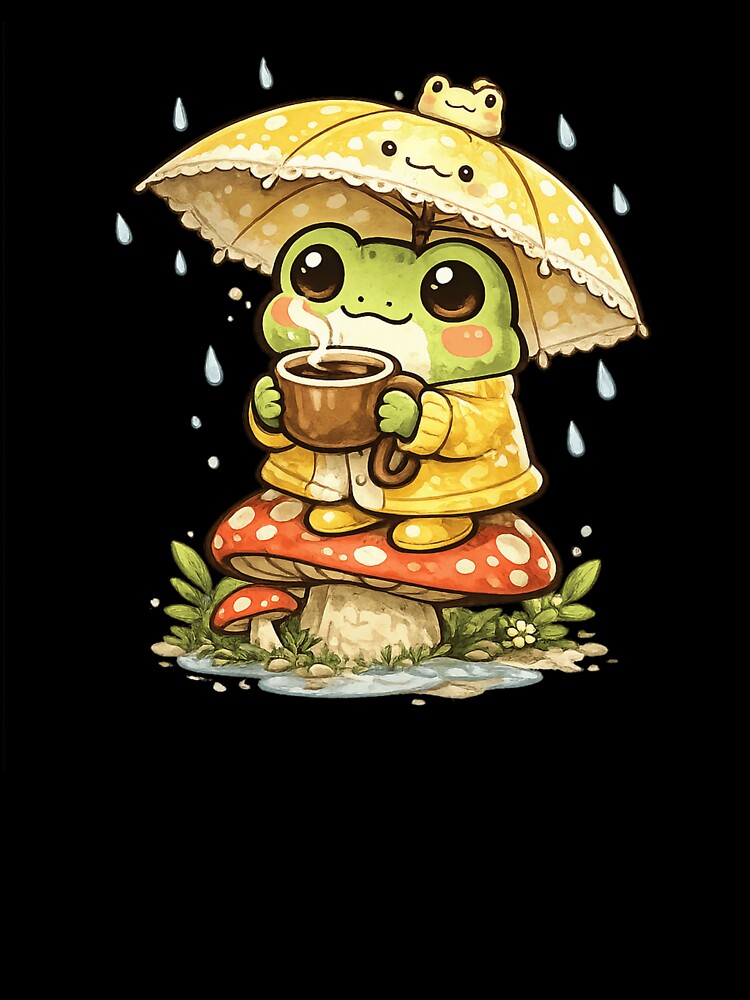 Cute Frog Sitting on Mushroom Drinking Coffee – Rainy Day Umbrella Frog Aesthetic Sticker by Ortegan90