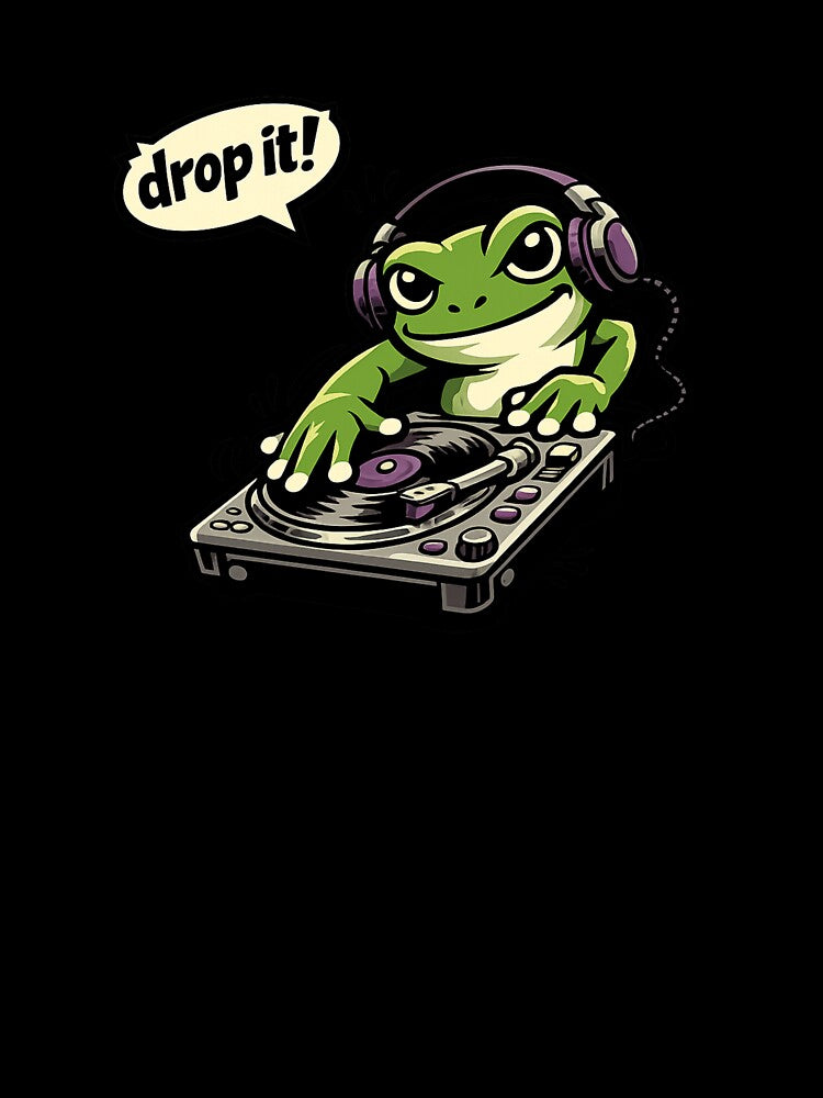 Funny DJ Frog Saying "Drop It!" Cartoon EDM Music Sticker Design by Moss & Mellow