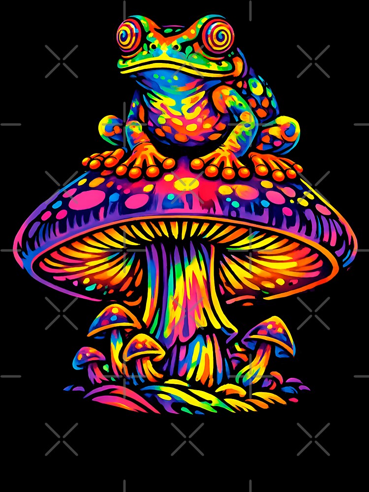 Rainbow Psychedelic Frog on Magic Mushroom – Trippy Neon Frog Illustration by RustedToad