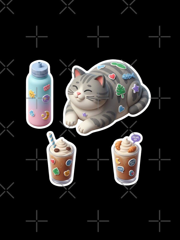 Cute 3D Clay Emotional Support Sticker Pack - Kawaii Cat and Iced Coffee by Gurjeetpixelart